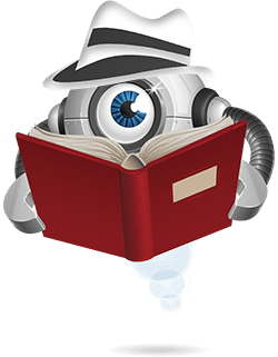 Robotti kurkistaa kirjan takaa samalla kun lukee tietosuojaehtoja